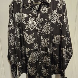 Shiny Floral Black and Metallic Silver Men's Dress Shirt